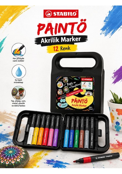 Stabilo 791/12 Paınto 12 Renk Akrilik Marker Seti Su Bazlı Çok Yüzeyli Boya Kalemi Çantalı Çok Renkli