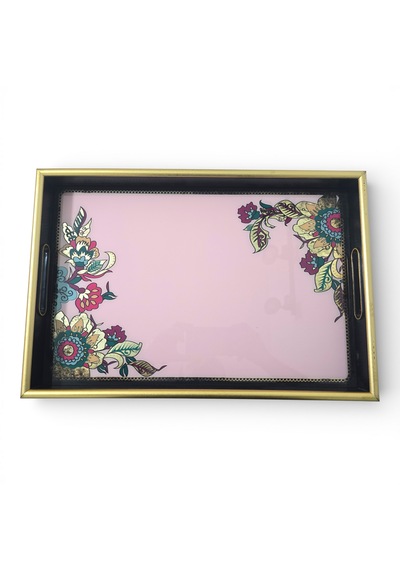 Sudedi Home Pembe Zeminli Çiçek Desenli Altın Çerçeveli Melamin Sunum Tepsisi 31x46 Cm Pembe
