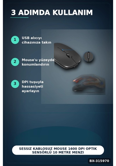 Sessiz Kablosuz Mouse 1600 Dpı Optik Sensörlü 10 Metre Menzilli Usb Fare Bx-315970 Belirtilmemiş
