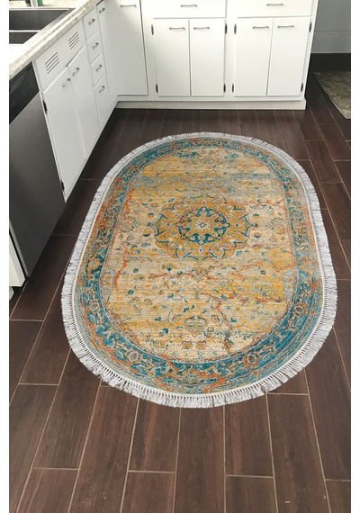 Eko Trend Djt Halı Yıkanabilir Kaymaz Taban P1356 Oval Vintage Turkuaz