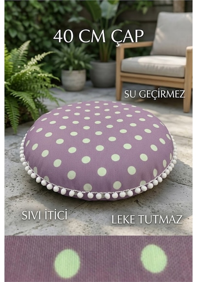 Yuvarlak Minder 40 Cm Çap Dekoratif Puantiyeli Minder Beyaz Ponponlu Leke Tutmaz Su Geçirmez Çok Renkli