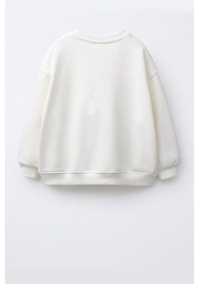 Monila Kız Çocuk Pamuklu Bisiklet Yaka İnci Küpeli Kız Baskılı Sweatshirt Ekru
