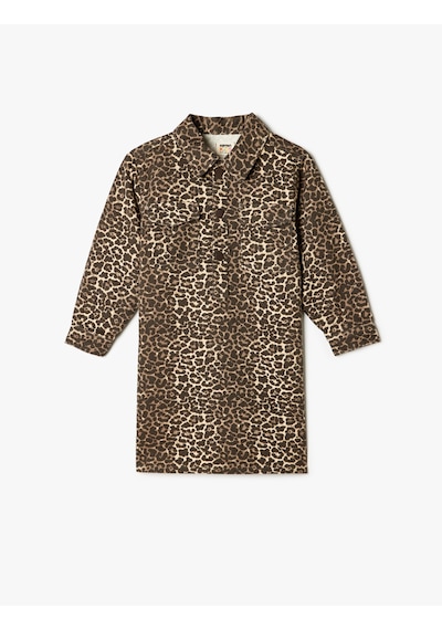 Koton Gömlek Yaka Elbise Leopar Baskılı Uzun Kollu Cep Detaylı Pamuklu Leopar Desenli 5wkg80009ad Leopar