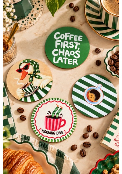 Coffee First Kahve Temalı 4 Lü Bardak Altlığı Set 9 Cm, 3 Mm Ahşap Mdf, Dijital Baskı - 926984089 Diğer