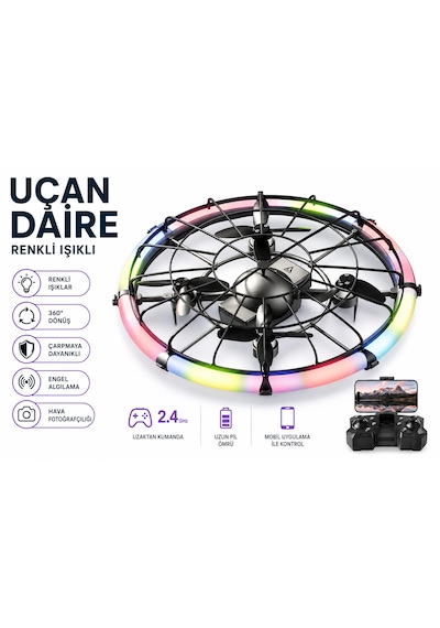 M18 Ufo Dron 4 Eksenli Uçan Araç Daire Renkli Işıklı 2.4 Ghz Uzaktan Kumanda Uygulama İle Kontrol Kameralı Engel Algılama Çarpmaya Dayanıklı 460 Derece Dönüş Tek Tuş İniş Kalkış Başsız Mod Fpv Görüntü