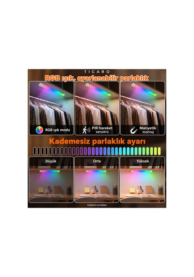 Tıcaro 40 Cm Rgb Sensörlü Şarjlı Led Dolap Işığı, 94 Led, 3000 Mah, 1 Adet Gümüş