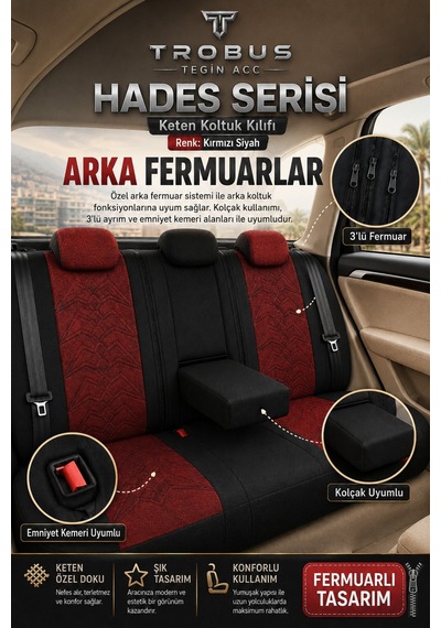 Tesla Model 3 2017 Ve Sonrası Uyumlu Hades Serisi Keten Koltuk Kılıfı Kırmızı Siyah