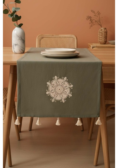 Haki Dantel Motifli Runner 50x130 Cm