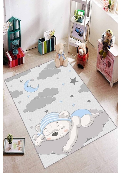 Mavi Kaymaz Tabanlı Yıkanabilir Ayıcıklı Bebek Halısı Ar334n11