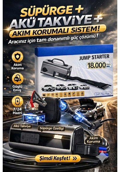 Jump Starter Süpürgeli Akü Takviye Cihazı 18.000mah 10 İn 1 Powerbank, Hava Kompresörü, Lcd Ekran