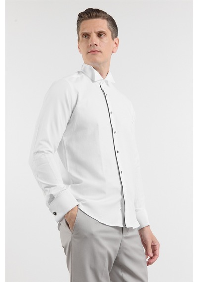 İmza Beyaz Ata Yaka Uzun Kol Cepsiz Slim Fit Pamuklu Gömlek 1004260415