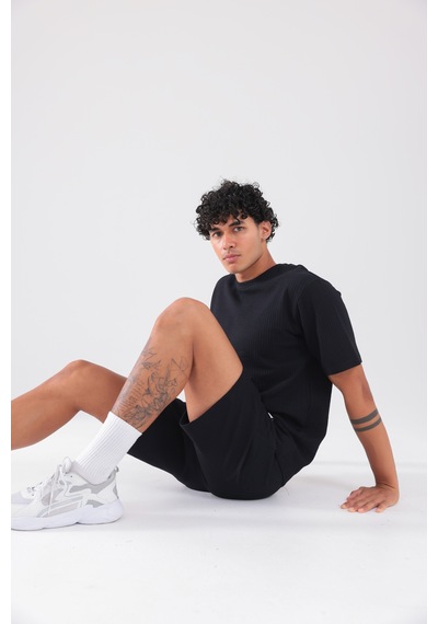 Rowinger Waffle Dokulu Oversize T-shirt Ve Şort Erkek Takım Siyah