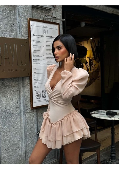 Havens İris Vatkalı Mini Elbise BEJ