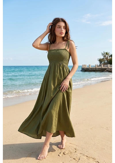 Pastelastore Haki Uzun Pamuklu Astarsız Yaz Elbisesi Askılı