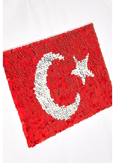 Breeze Kız Çocuk Tişört Pullu Ay Yıldızlı 6-14 Yaş, Beyaz Beyaz