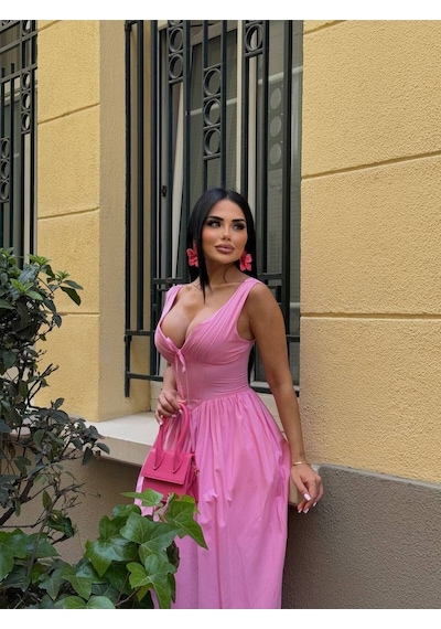 Rawea Kadın Korse Detaylı Kurdeleli Poplin Elbise - %100 Pamuk & V Yaka Pembe