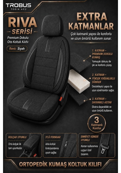 Citroen Berlingo 2004-2018 Uyumlu Riva Serisi 2+1 Ticari Siyah Ortopedik Koltuk Kılıfı