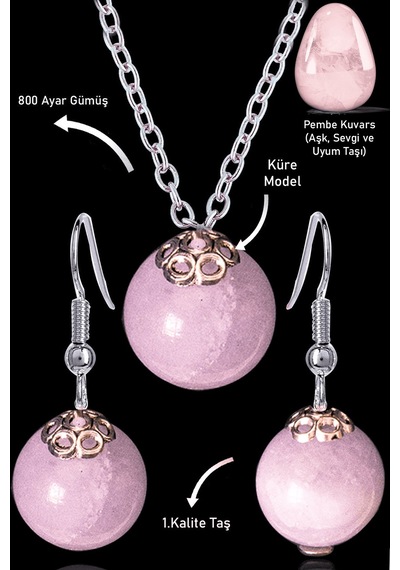 Sertifikalı Küre Model Pembe Kuvars Taşı Kolye Ve Küpe Seti - Açı Çok Renkli
