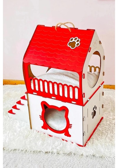 Dekoratif Ahşap Kedi Evi Teraslı 2 Katlı Merdivenli Kedi Evi 70 x 40 x 75 CM