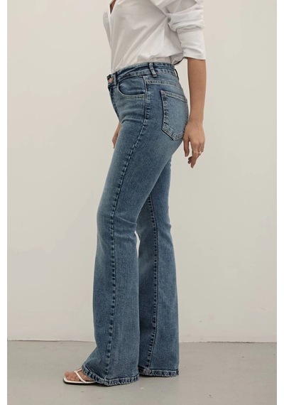 Dark Blue Premium Yüksek Bel Bronz Düğmeli İspanyol Paça Jeans Mavi