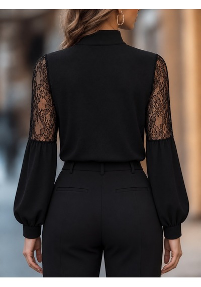 Butik İstanbul Kadın Uzun Kollu Balıkçı Yaka Dantelli Janjan Krep Bluz Siyah