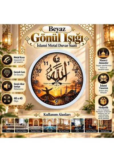 Gönül Işığı Semazenli Beyaz Metal İslami Duvar Saati 40 Cm