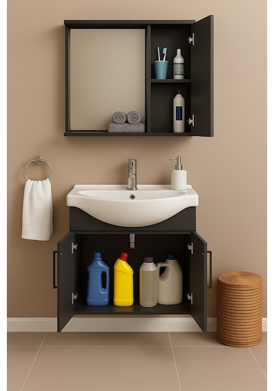 DMZ Home Concept Lacrime 65 Cm Antrasit Renkli Mdf, Oval Seramik Lavabolu, Alt Ve Üst Dolaplı DMZ Home Concept Lacrime 65 Cm Antrasit Renkli Mdf, Oval Seramik Lavabolu, Alt Ve Üst Dolaplı