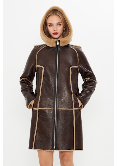 M M Marki Marki Hakiki Deri Kapüşonlu Oversize Kadın Kaban - İçi Kürklü - Koyu Kahverengi 90 Cm- 113422