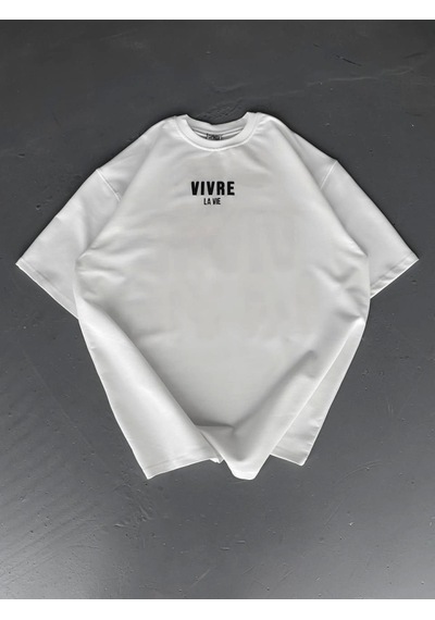 Modi Baskılı Oversize Bisiklet Yaka T-shirt - Beyaz Açık Beyaz