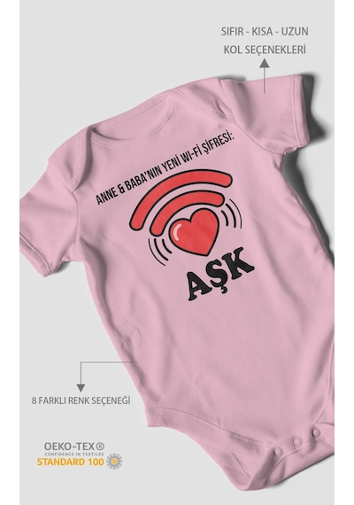 Anne Babanın Yeni Wifi Şifresi Aşk Baskılı Bebek Zıbını Çıtçıtlı Body 8 Renk %100 Pamuk Kısa Kol Koyu Pembe