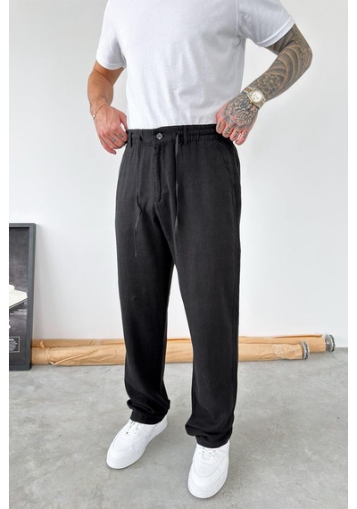 Siyah Beli Lastikli Keten Pantolon