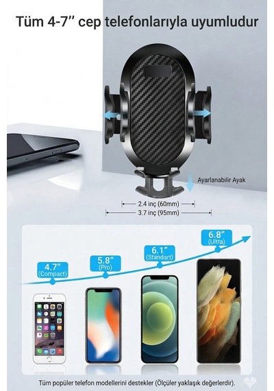 360 Dönebilen Araç Telefon Tutucu - Çift Montajlı Ön Cam + Torpido Tüm Telefonlara Uyumlu Siyah