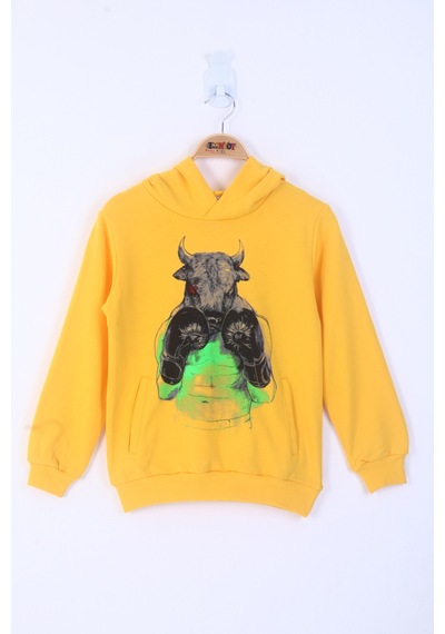 Toontoy Kids Toontoy Erkek Çocuk Boks Eldivenli Boğa Baskılı Sweatshirt Sarı
