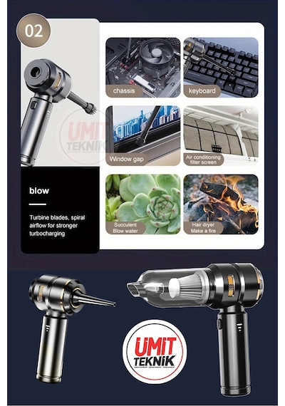Premium Xl 16.000 Pa Emiş Güçlü Kablosuz Mini Araç Süpürgesi - Vakumlu Ve Üflemeli Set