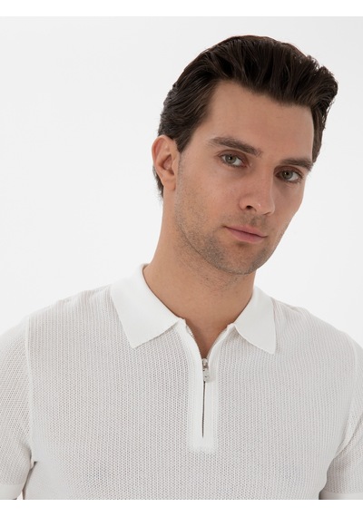 Ekru Slim Fit Fermuarlı Polo Yaka Triko T-shirt Bej