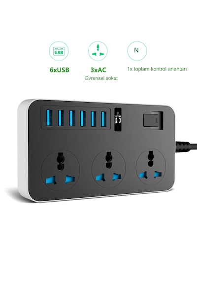 Kontrol Anahtarlı Güç Kaynağı Kartı 3-ac Ve 6 Usb Şarj Portlu