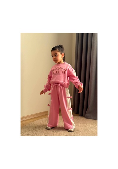 Toikids %100 Pamuklu Fiyonk Detaylı Alt-üst Eşofman Takımı Pembe