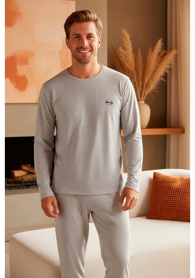 Rindahomewear Gri Uzun Kollu Nakışlı Örme Erkek Pijama Takımı Gri