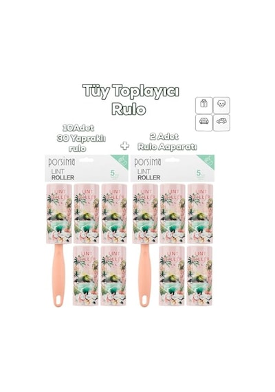 Ayrex Porsima 3106 Kedi Köpek Tüy Toplayıcı Rulo + 10 Adet Rulo + 2 Adet Tutma Aparatı Toplam 300 Yaprak Somon