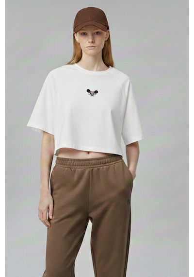 Soft&Basic Kadın Nakışlı Regular %100 Organik Pamuk Yuvarlak Yaka Kısa Crop T-shirt Siyah - Beyaz