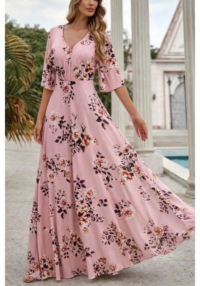 De'charme Kadın Kısa Kollu V Yakalı Desenli Süprem Elbise Pembe