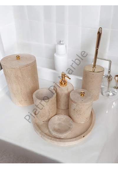 Sarı Traverten Klasik Model 7 Parça Gold Renk Düğme Aksesuarlı Banyo Seti Sarı Traverten
