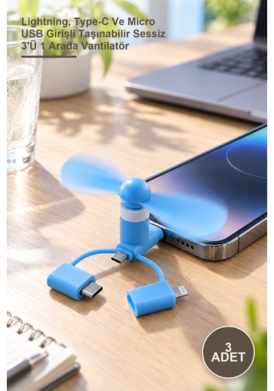 3 Adet Mini Telefon Fanı Lightning, Type-c Ve Micro Usb Girişli Taşınabilir Sessiz 3'ü 1 Arada Vantilatör