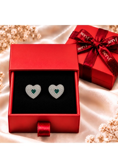 Servi 925 Ayar Gümüş Emerald Love Zümrüt Rengi Taşlı Kalp Küpe-542