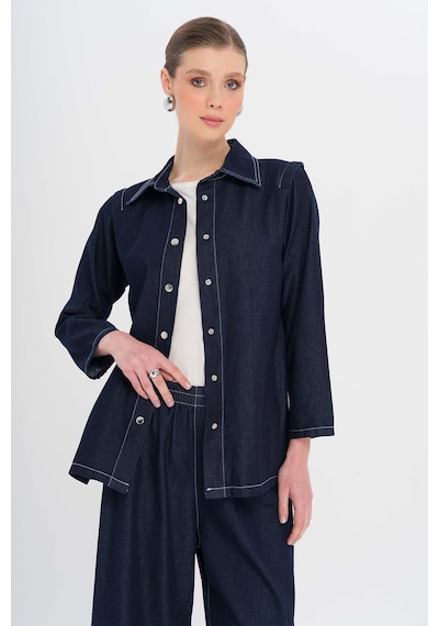 Olcay Kemeri Çıt Çıt Detaylı Ceket Pantolon Denim Takım Lacivert 9344-tk