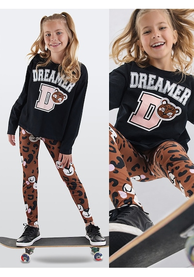 Kız Çocuk Kışlık Leopar Desenli Pamuklu Siyah Uzun Kollu Crop T-Shirt Tayt Takımı 5-10 Yaş