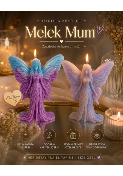 Kanatlı Melek Figürlü Kokulu Mum 74 Gr Dekoratif Hediyelik Lila - Bebe Mavisi