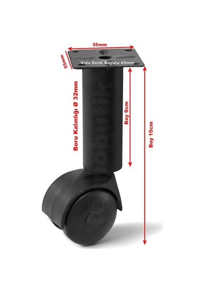 15cm Çap32mm 4 Adet Metal Gövdeli Plastik Tekerlekli Sehpa Ayağı Siyah
