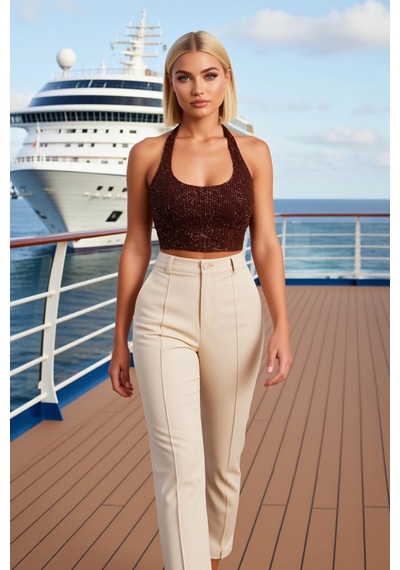 Benerly Kadın Bluz Crop Kare Yaka Kolsuz Bedene Oturan Örme Payet Dokuma Kahverengi Benerly Kadın Bluz Crop Kare Yaka Kolsuz Bedene Oturan Örme Payet Dokuma Kahverengi