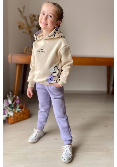 Riccotarz Kız Çocuk Stay Wonderful Çiçek Desenli İçi Pamuklu Lila Eşofman Takım